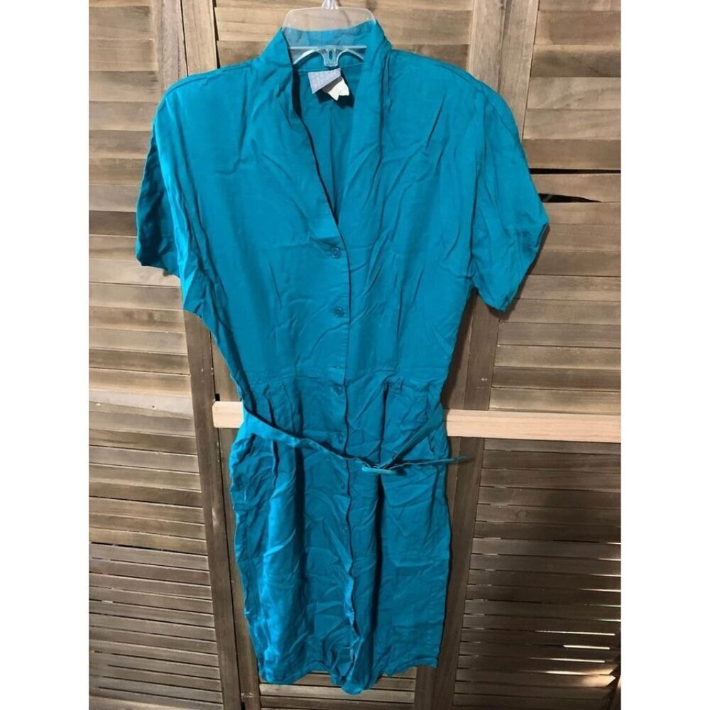 VTG 90s Button Up Dress +Belt Y2K Rabbit Rabbit Rabbit Blue Teal Size 12